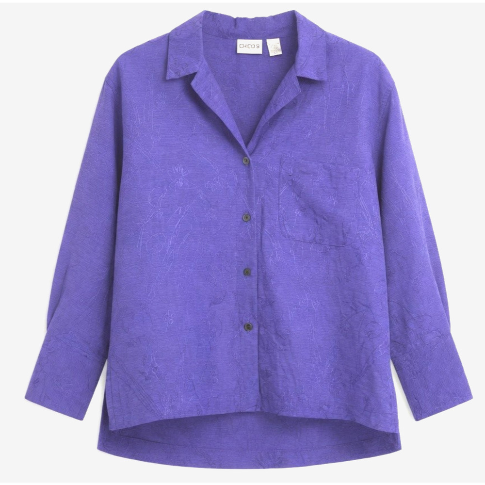 Chicos Shirt Jacket Medium Periwinkle Silk Linen Jacquard Summer Resort Vacation